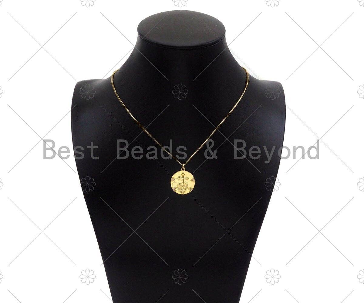 Gold Filled CZ Micro Pave Cross Heart On Round Cion Shape Pendant,18K Gold Filled Medallion Charm, Necklace Bracelet Charm,20x22mm,Sku#Z1334