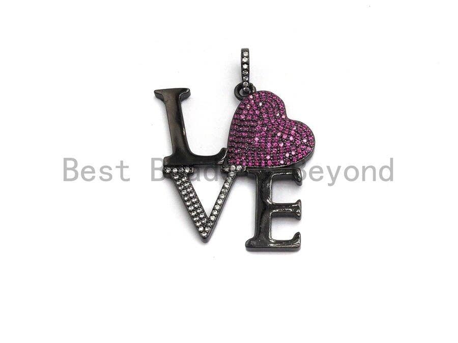 CZ Micro Pave Large Love Fuchsia Heart Pendant ,33x37mm, Cubic Zirconia Love Pave Pendant Beads, Pave Pendant, sku#F642