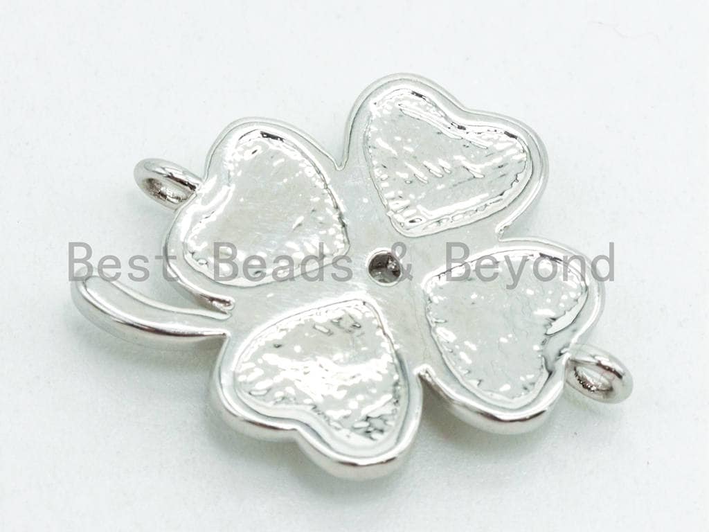 CZ Micro Pave Mother of Pearl Four-leaf Clover Flower Connector, Gemstone Cubic Zirconia Space Connector, 16x21mm, Jewelry Findings,sku#Z33