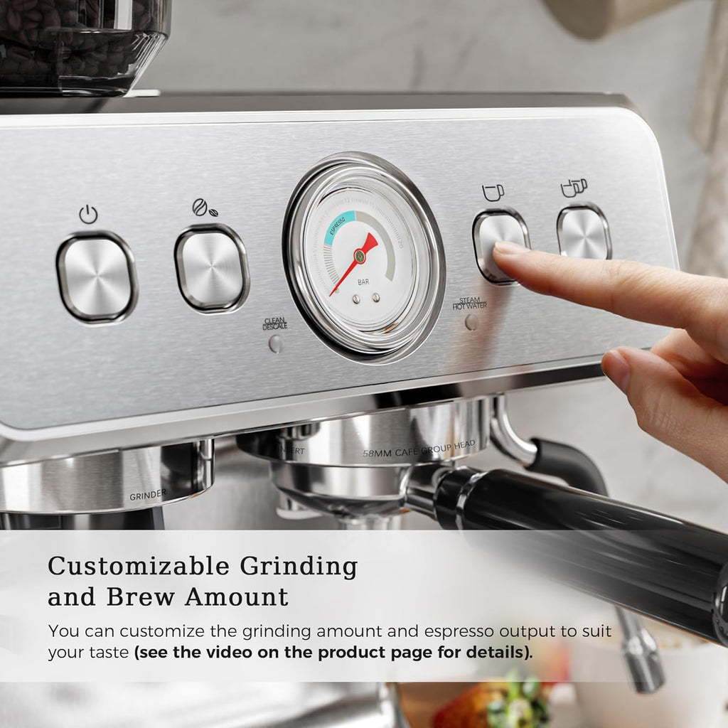 Espresso Machine ,Semi-Automatic Coffee Maker with Bean Grinder and Milk Frother Steam Wand CM8050