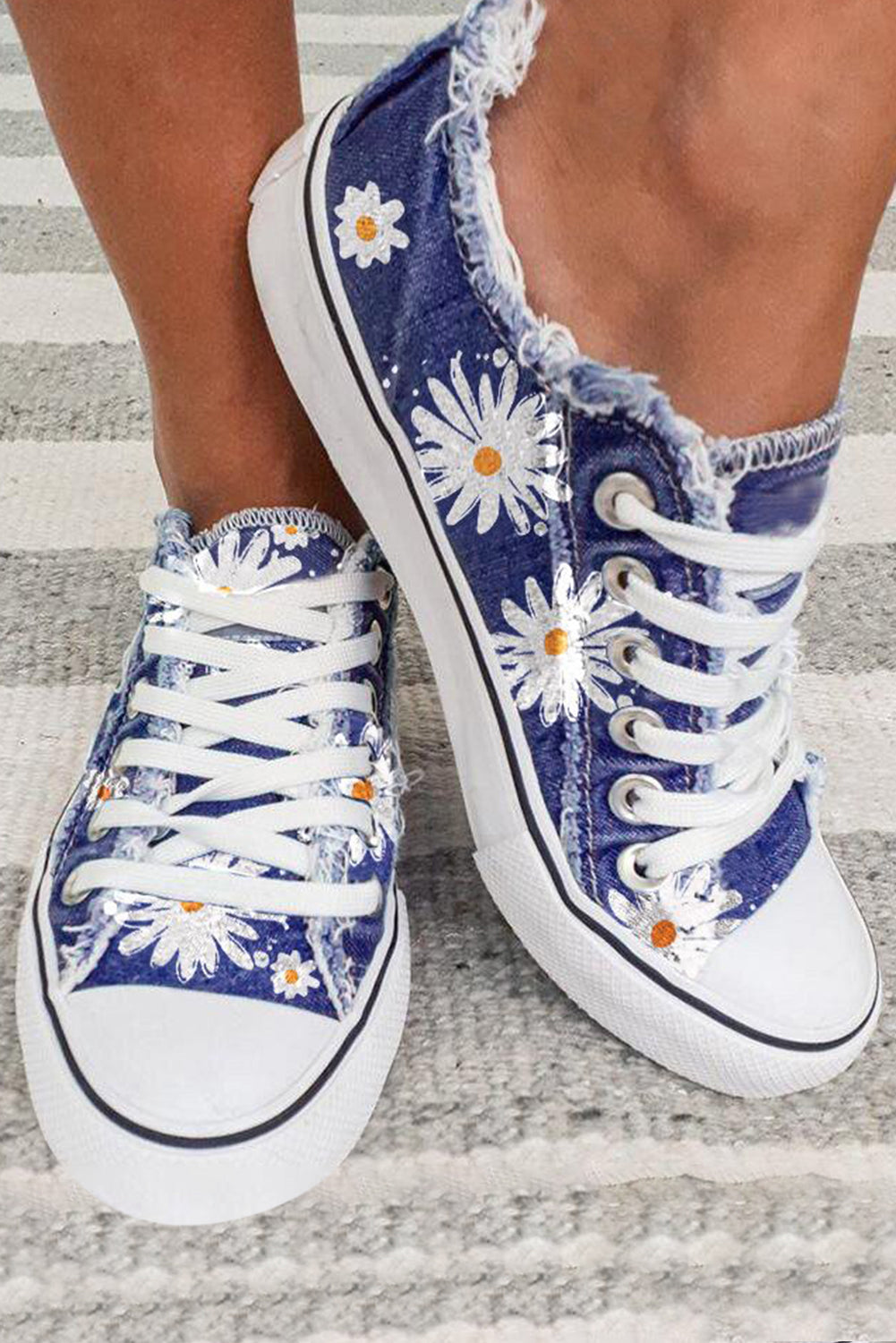 Sky Blue Frayed Denim Daisy Print Lace-up Shoes-Threaded Pear