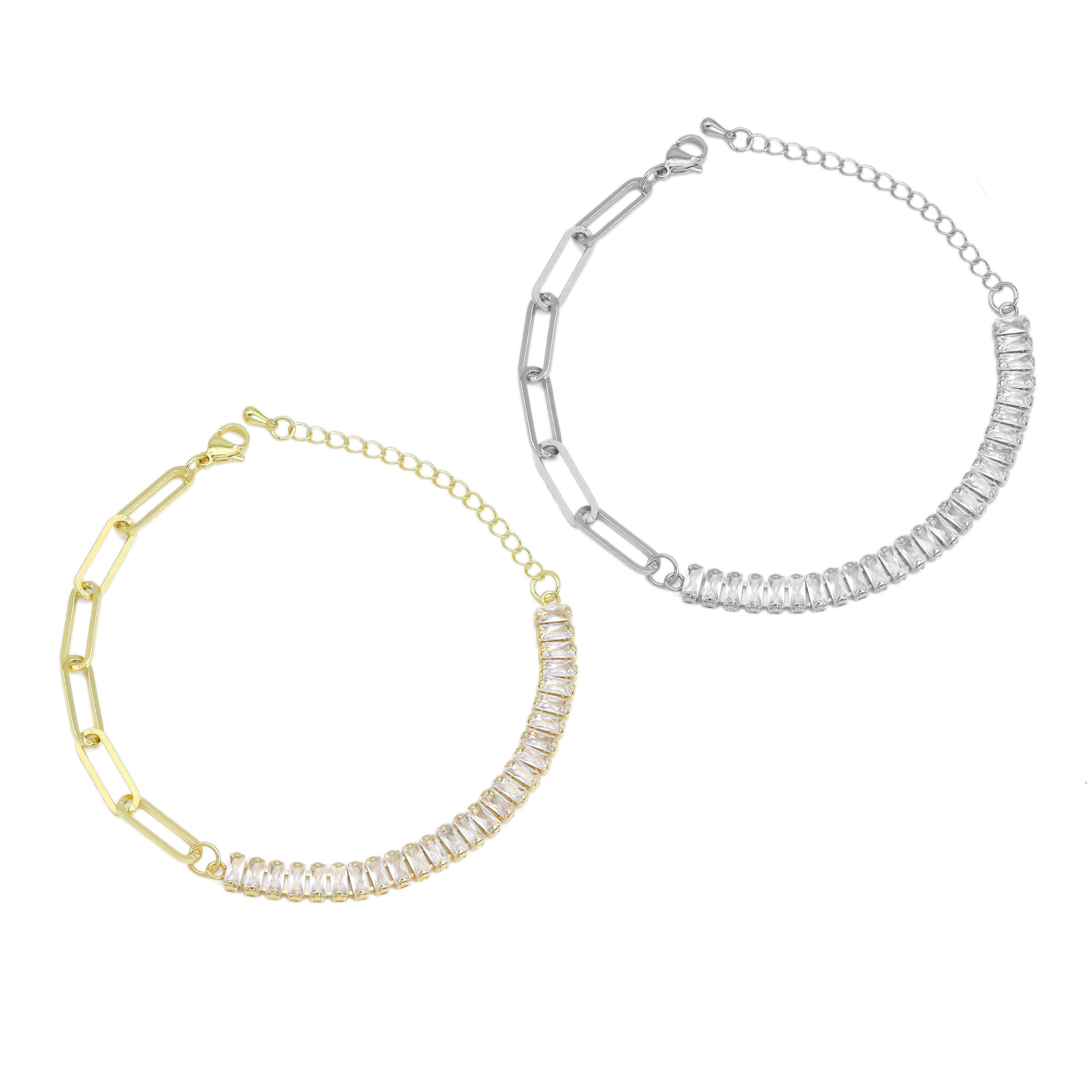 Baguette CZ  Link Gold Silver Adjustable Bracelet, Sku#LX497