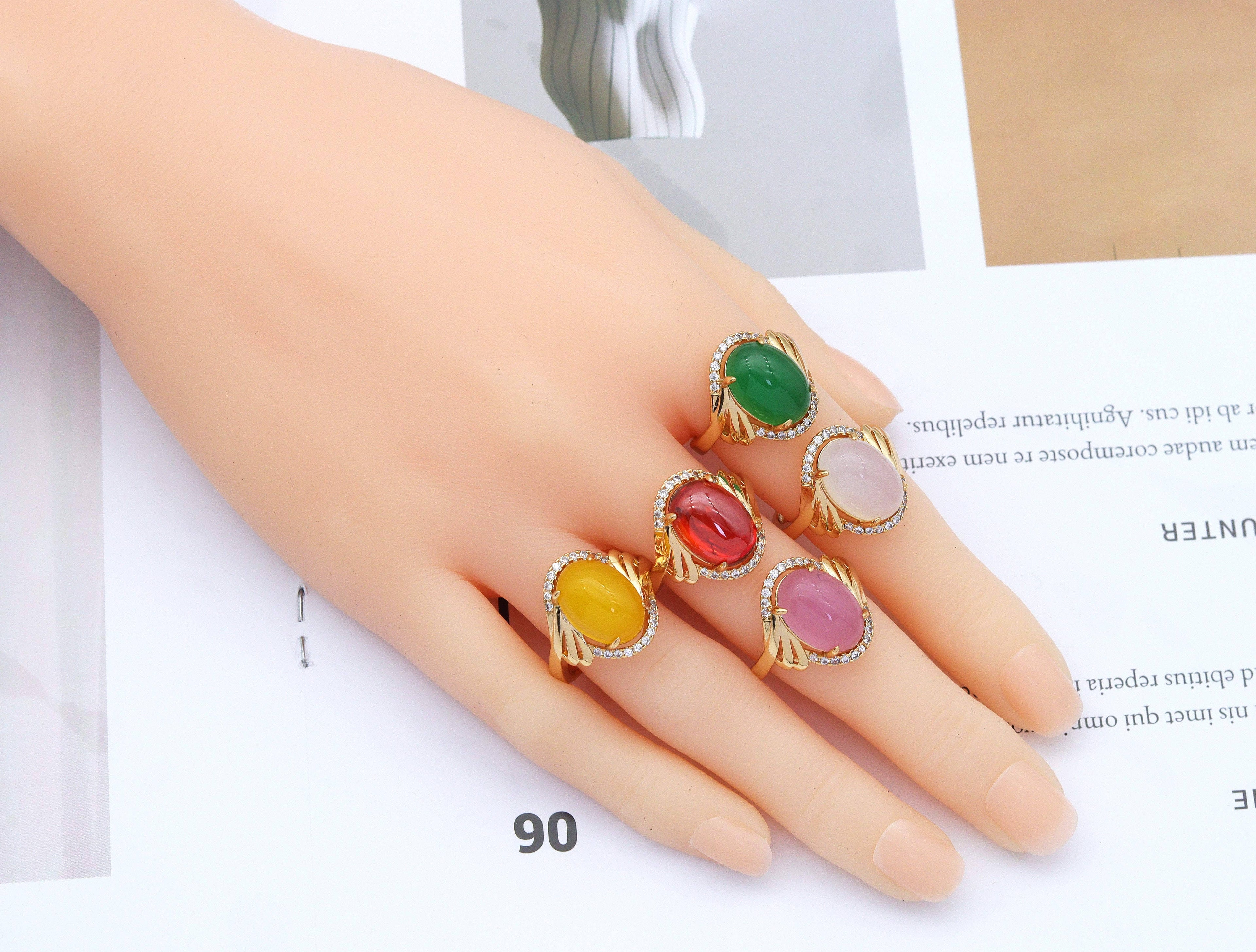 CZ Colorful Oval Jade Adjustable Ring, Sku#LX54