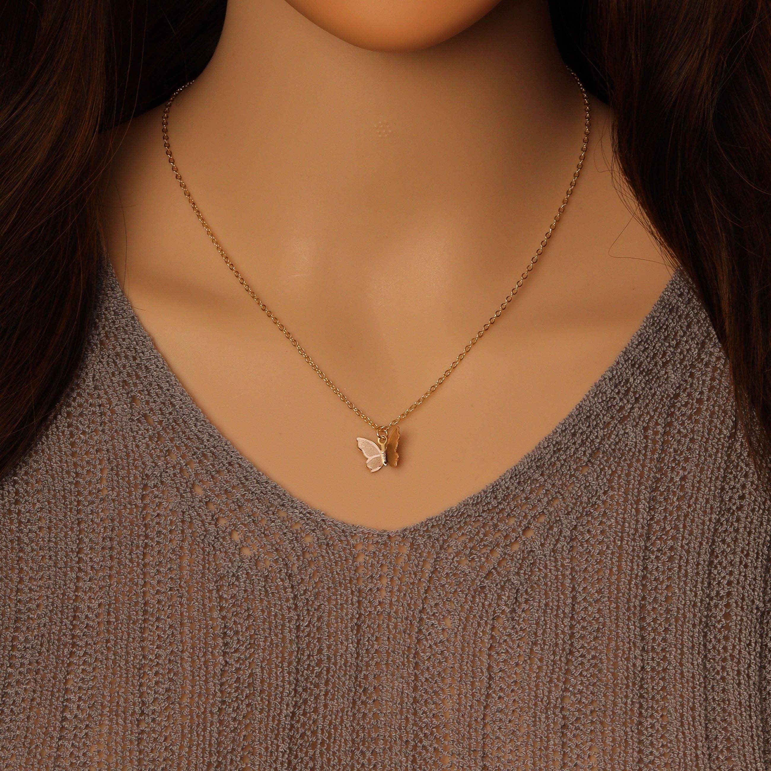 CZ Link Gold Butterfly Pendant Adjustable Necklace, Sku#EF479