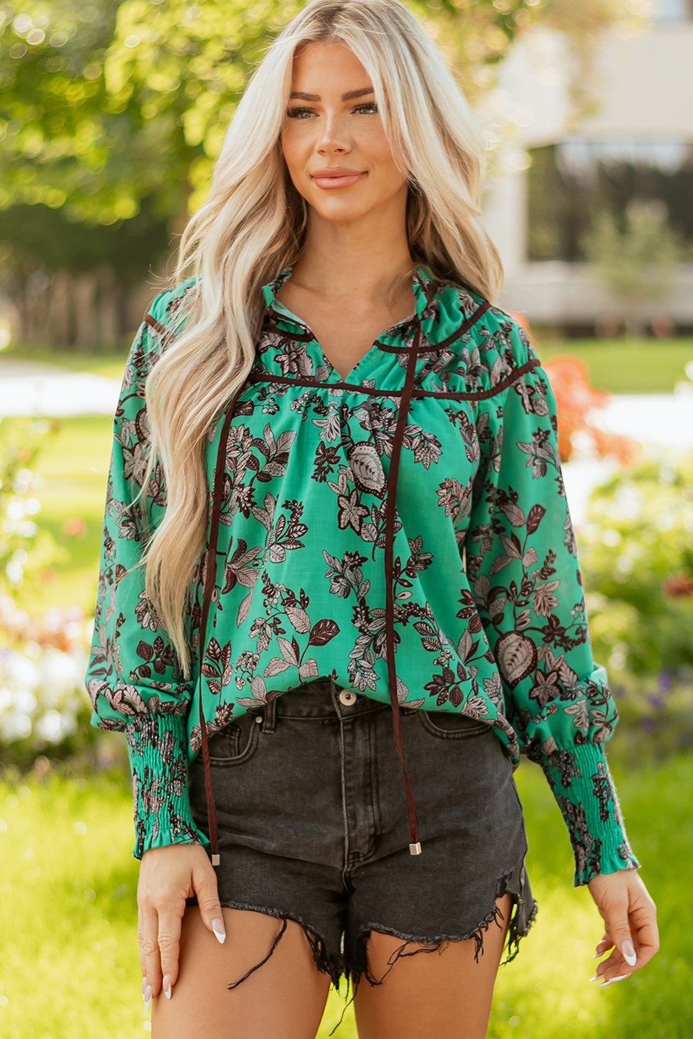 Elouise Shirred Puff Sleeve Blouse-Threaded Pear