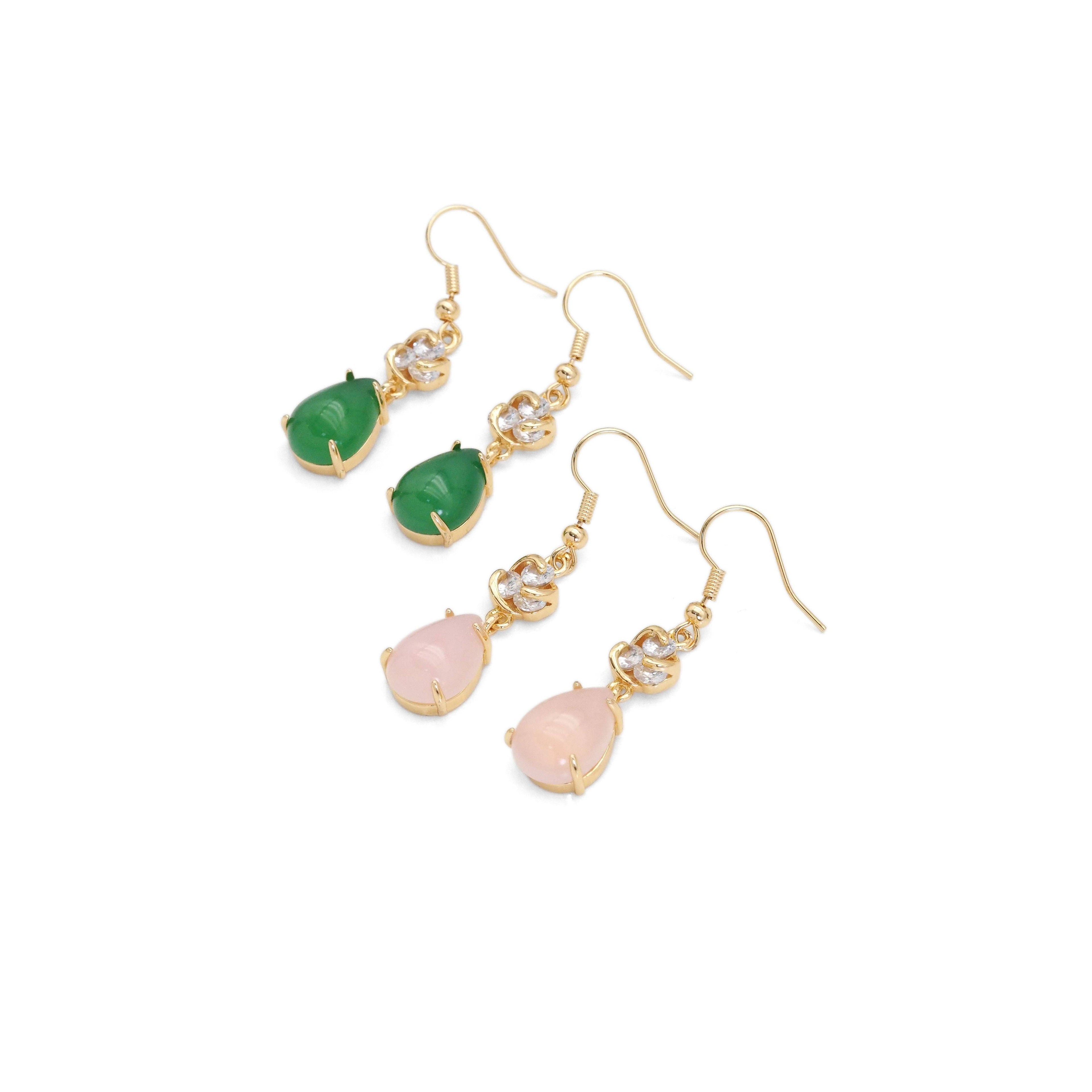 Clear CZ Gold Green Pink Teardrop Jade Earrings, Sku#LX350