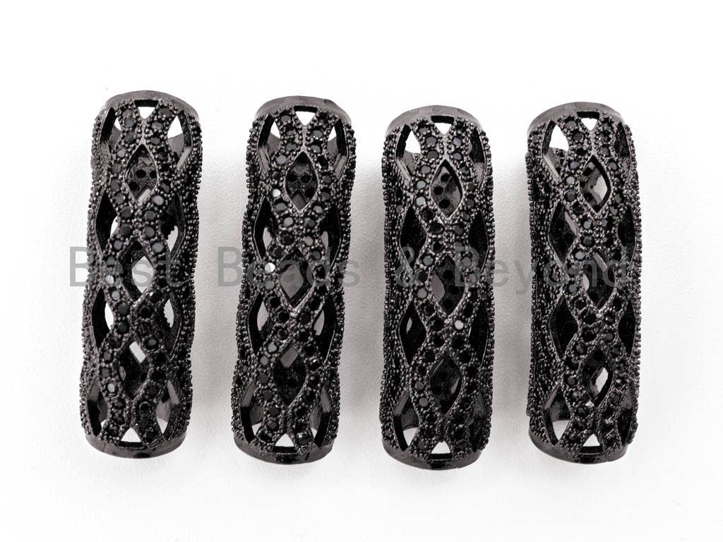 Black CZ Pave On Black Micro Pave Hollow Out Curved Tube, Cubic Zirconia Spacer Tube for Bracelet, 9x29mm, sku#G313