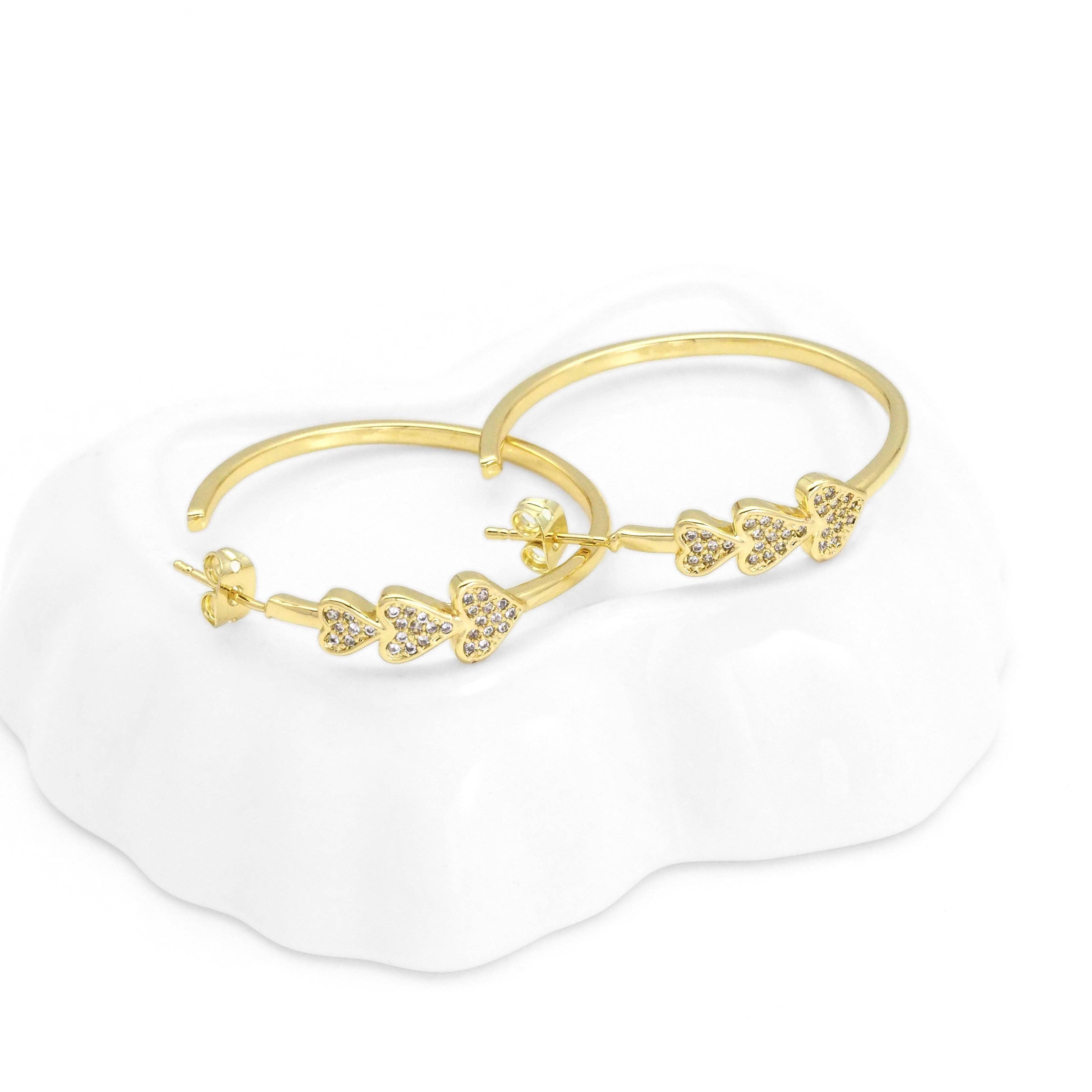 Clear CZ Gold Heart Hoop Earrings, Sku#LX257-Bestbeads & Beyond
