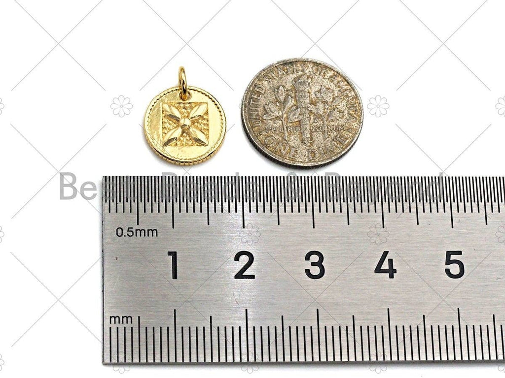 18k Shiny Gold Square Flower On Round Coin Charms, Gold Coin Charms, Flower Pendant, Gold Pendant, Round Necklace Charms, 12x12mm, Sku#Y337