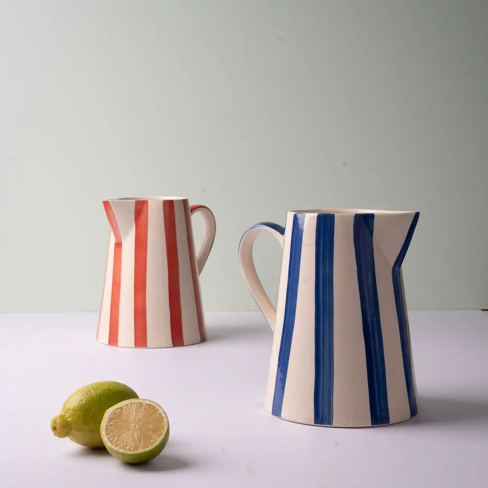 Red Stripe Pitcher | Handpainted Stoneware