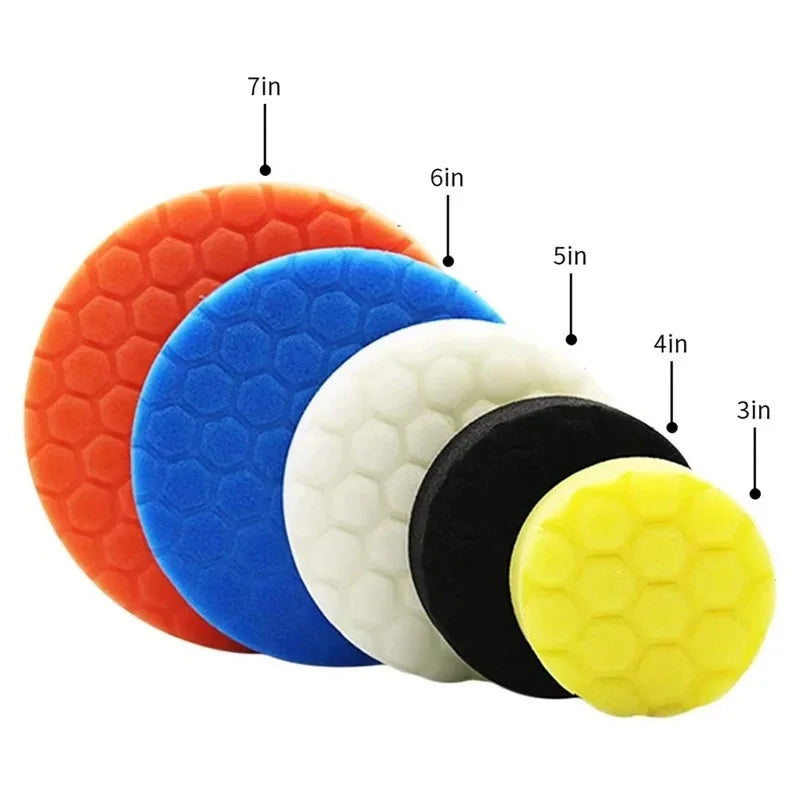 Set of five different sizes of polishing pads with measurements on a white background