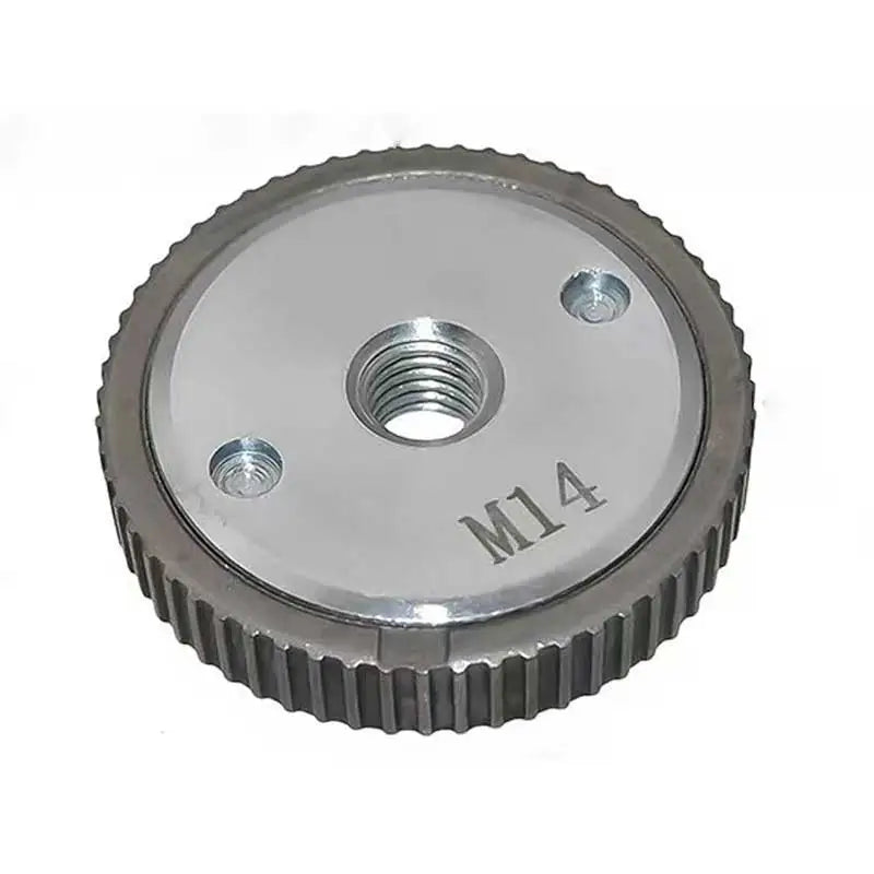 Metal gear with threaded center and 'M14' marking on a white background
