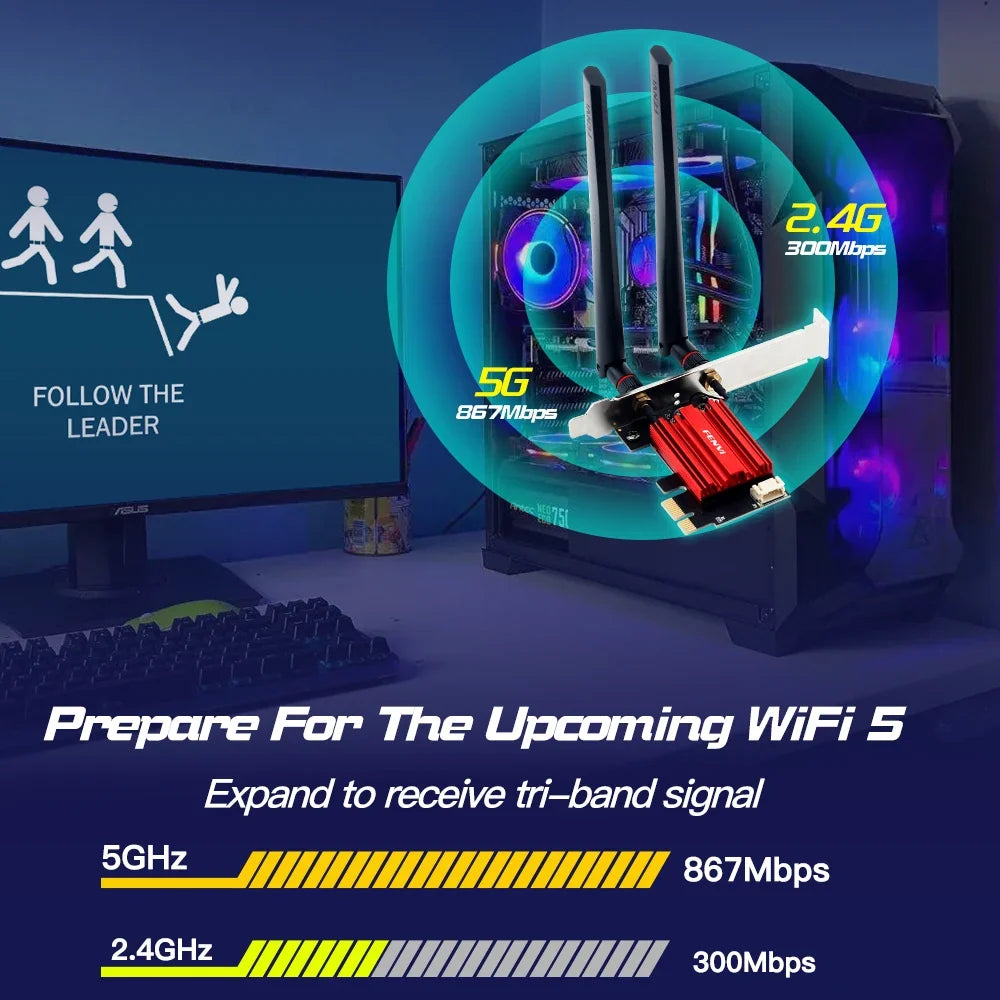 WiFi router with 5G and 2.4G bandwidth information displayed on a computer setup.