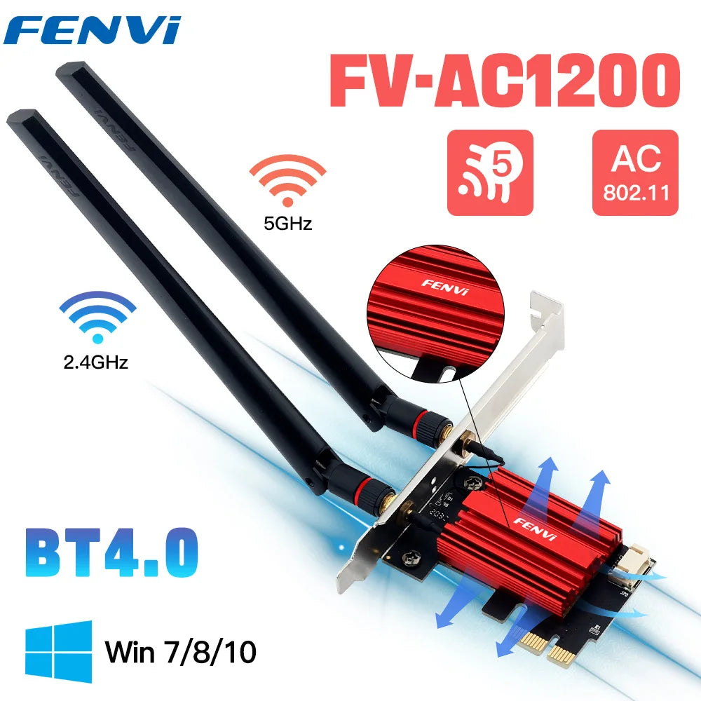 FENVI wireless network adapter with antennas and technical specifications on a white background