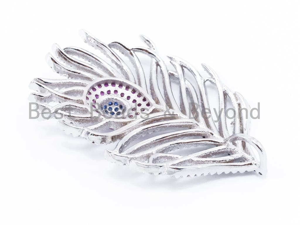CZ Micro Pave Peacock Feather Pendant/Charm with Fuchsia Eye, Cubic Zirconia Pendant,28x46mm,1pc, sku#F98