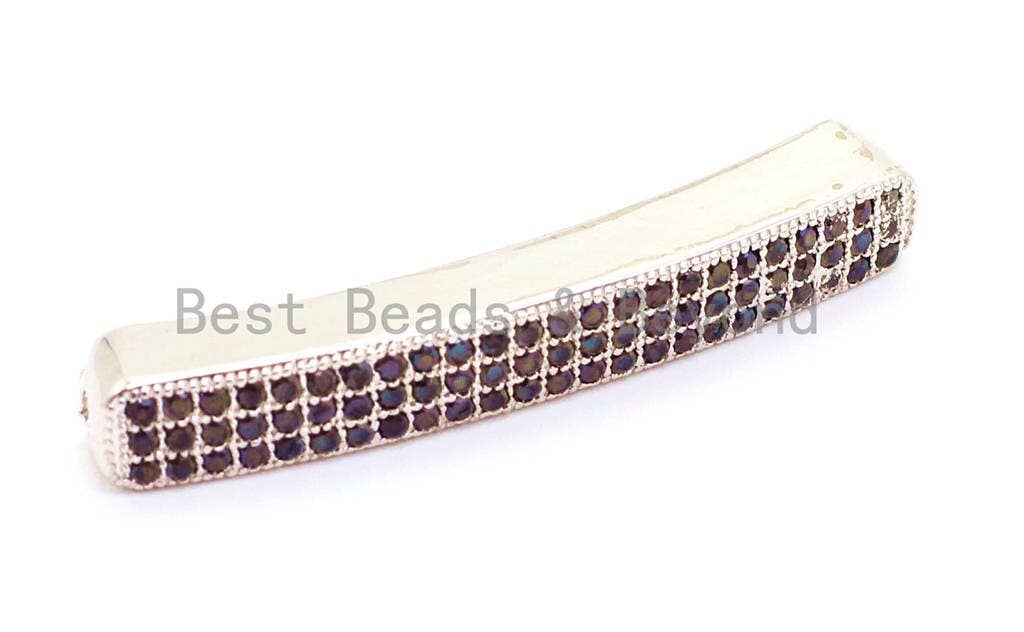 CZ Micro Pave Nami Rectangular Curved Tube with Black Crystal for Bracelet/Necklace, Cubic Zirconia Separator Tube, 36mm,SKU#G3