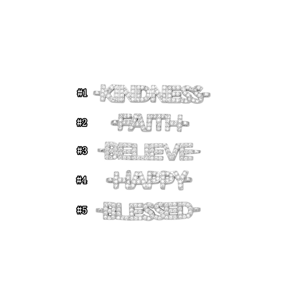 CZ Silver Kindness Believe Blessed Faith Happy Connector Charm Beads, Sku#LX711