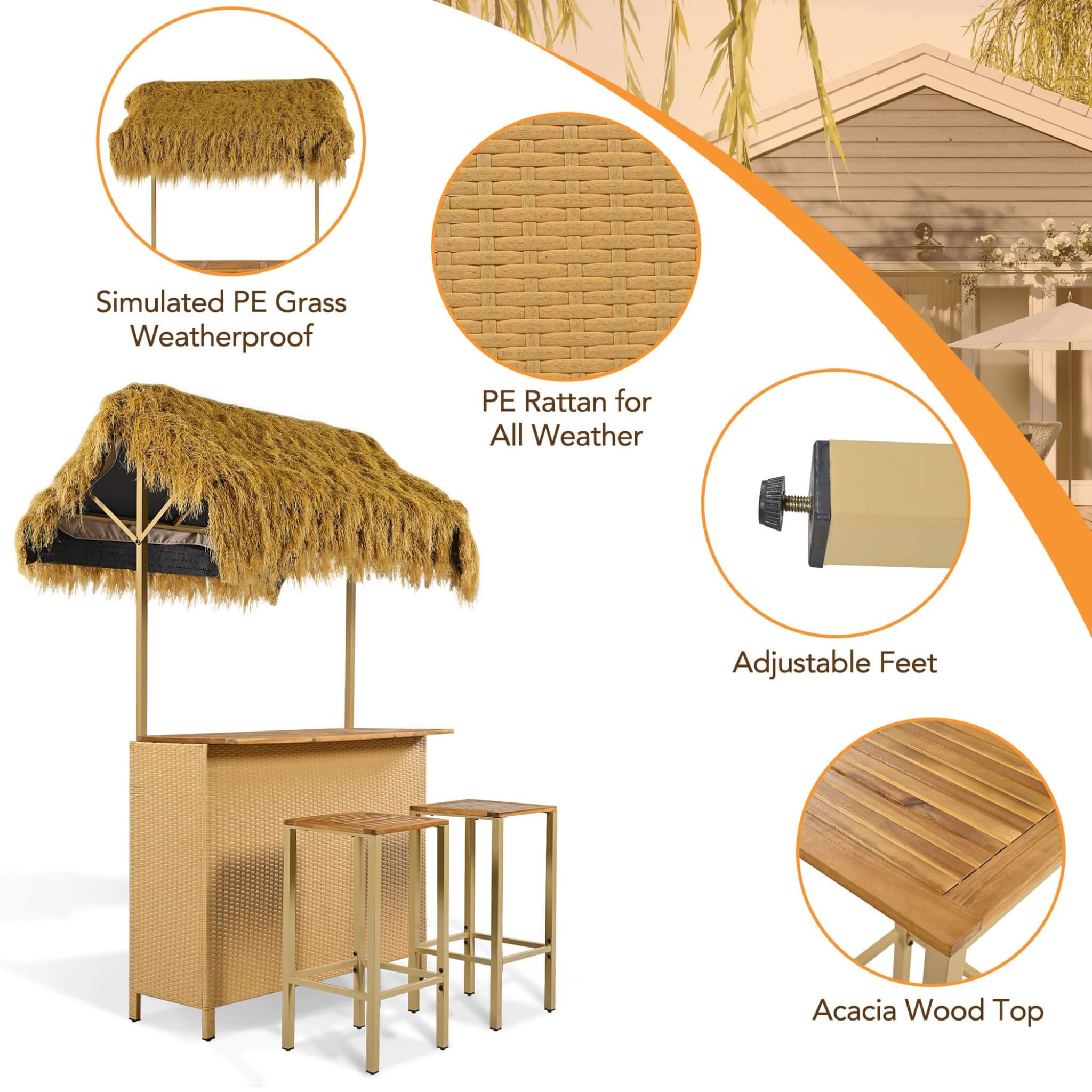 Alora 3-Piece Hawaiian Bar-Height Patio Set With Grass Canopy And Stools (SAK63047)