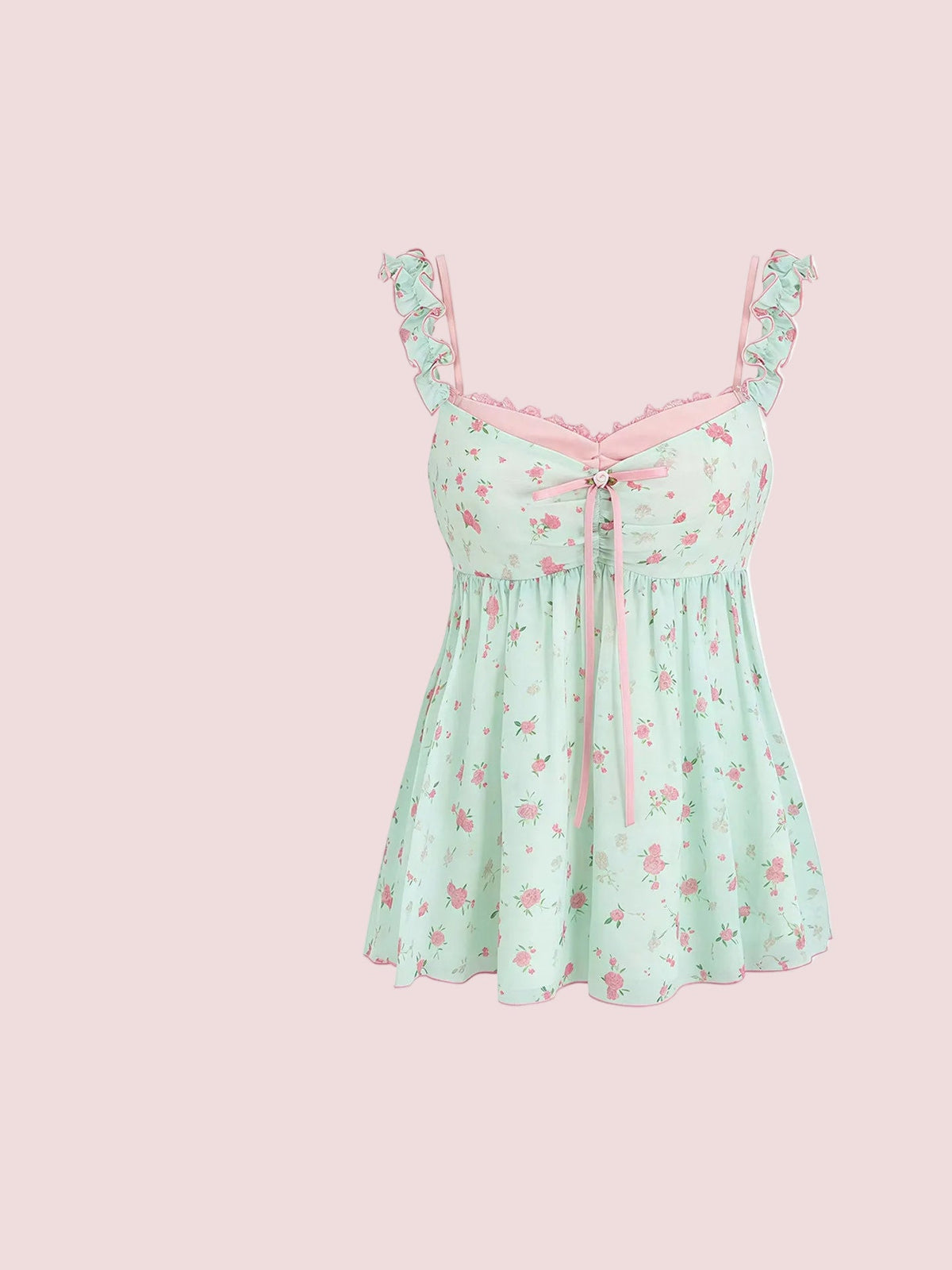 Pure Desire Sweet Floral Camisole Top Women's Mint Green Ruffle Loose Casual