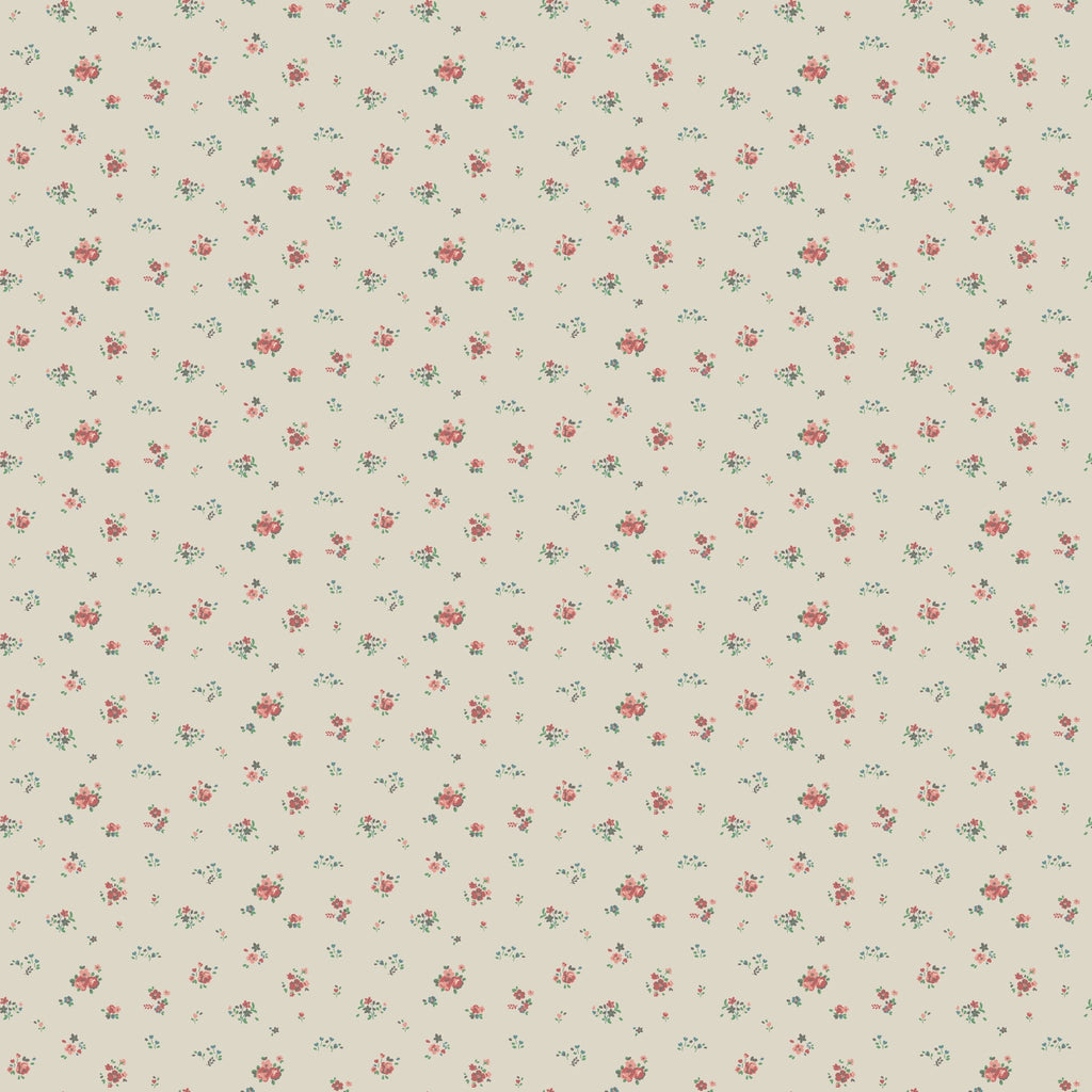 A repeating floral pattern on a warm beige background, featuring small red flowers with muted green leaves and tiny yellow accents.