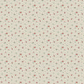 A repeating floral pattern on a warm beige background, featuring small red flowers with muted green leaves and tiny yellow accents.