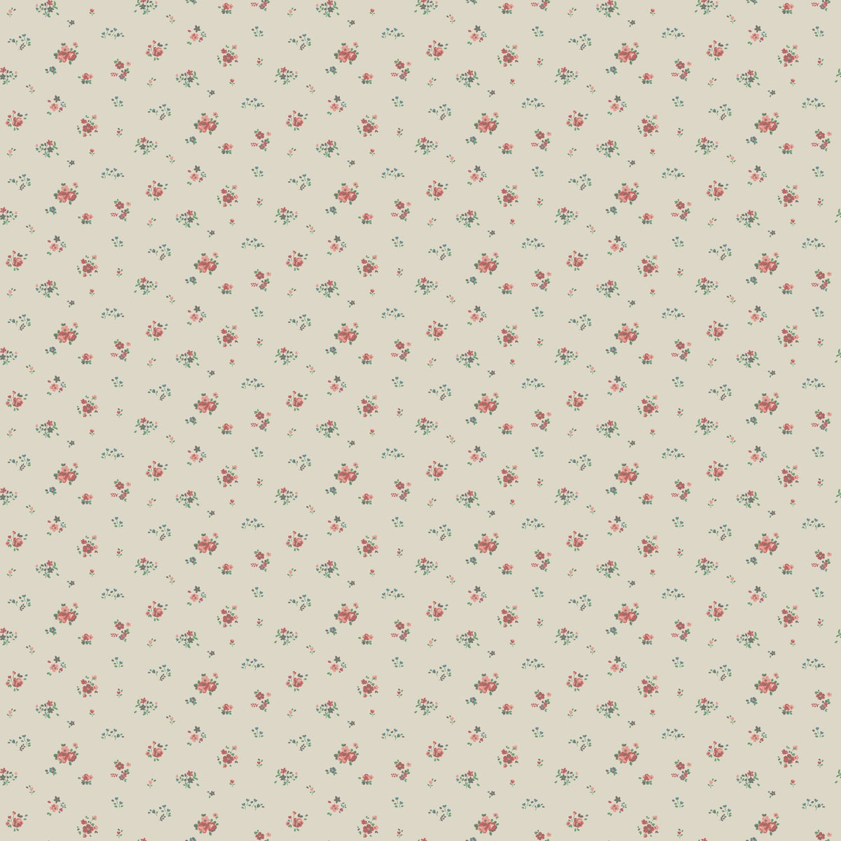 A repeating floral pattern on a warm beige background, featuring small red flowers with muted green leaves and tiny yellow accents.