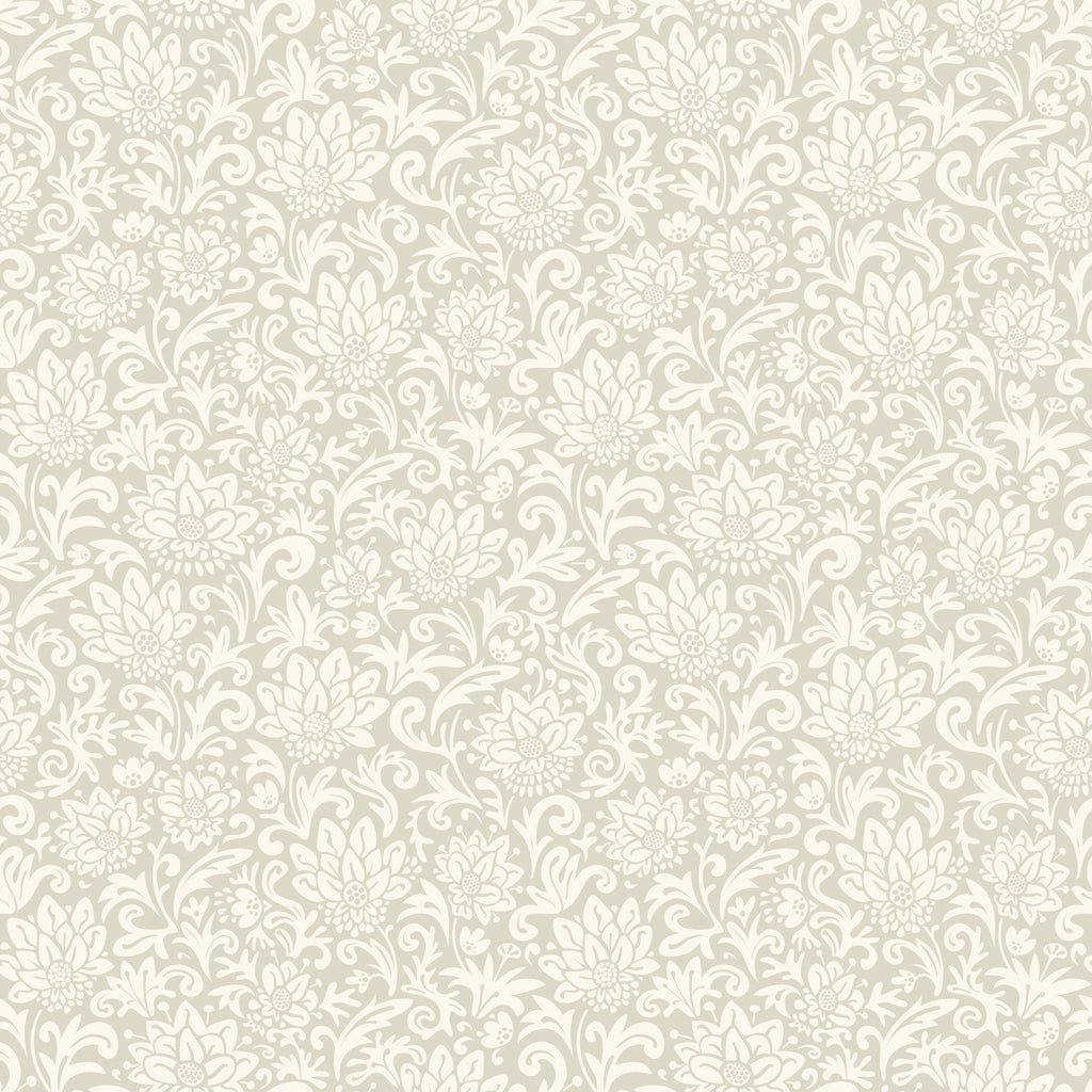 A repeating floral damask pattern in soft warm beige and off-white tones, filling the full frame.