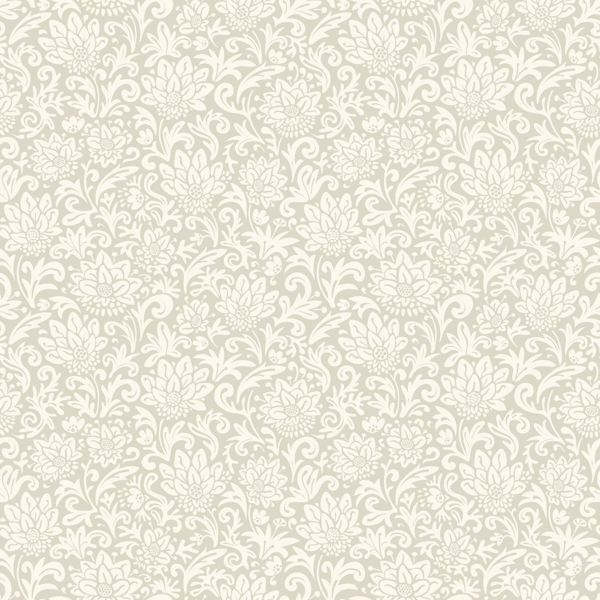 A repeating floral damask pattern in soft warm beige and off-white tones, filling the full frame.