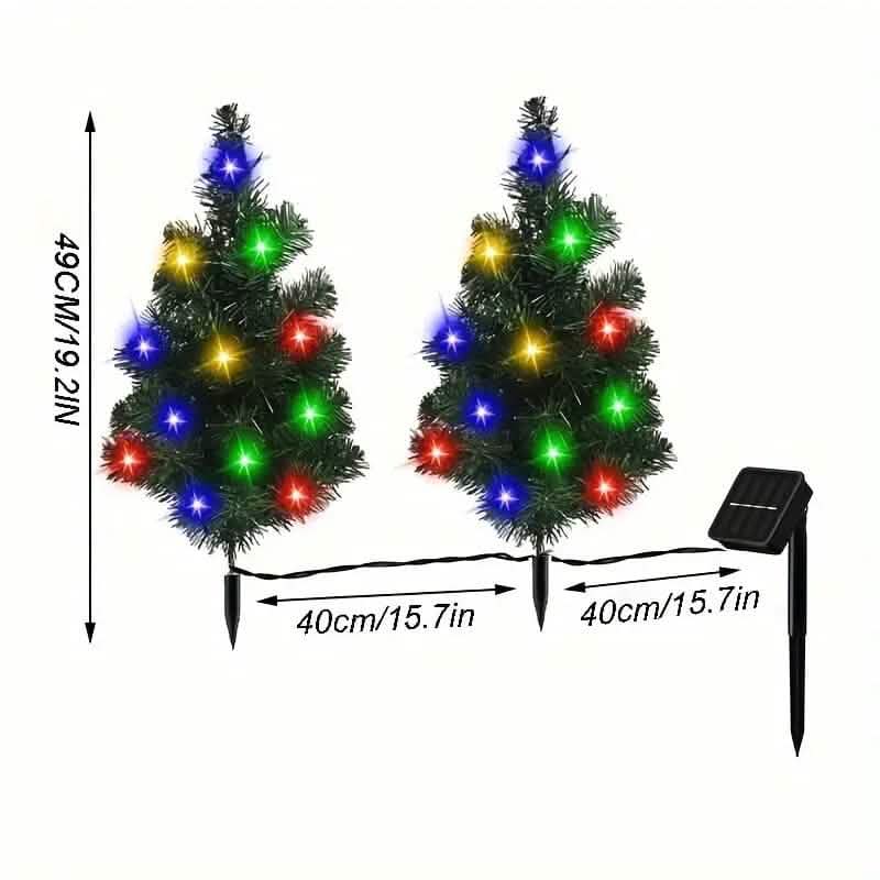 Two small Christmas trees with colorful lights and solar panel, with dimensions indicated.