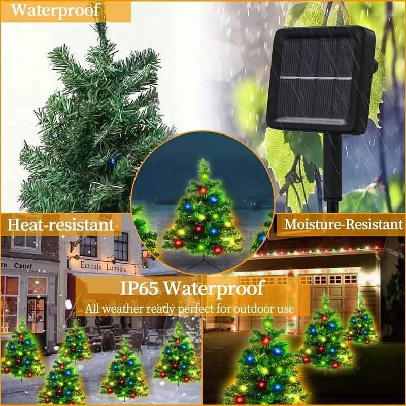 Solar-powered outdoor light system with Christmas tree decorations in various settings.