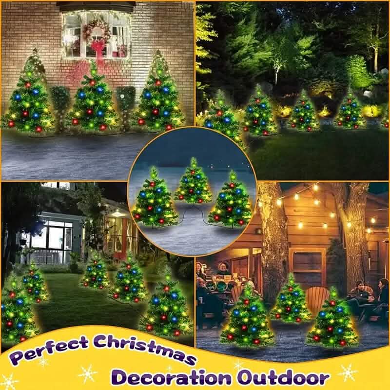 Collage of outdoor Christmas tree decorations with lights and ornaments.