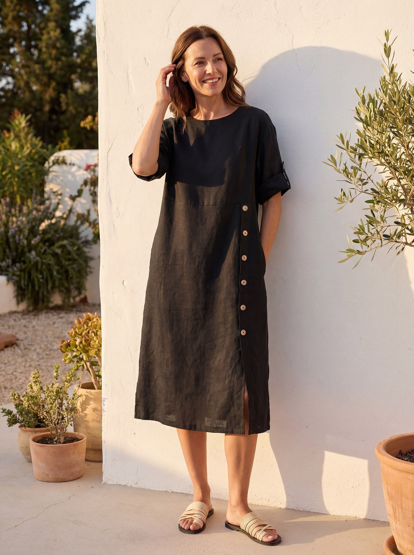 100% Linen Round Neck Button Detail Midi Dress JELENA