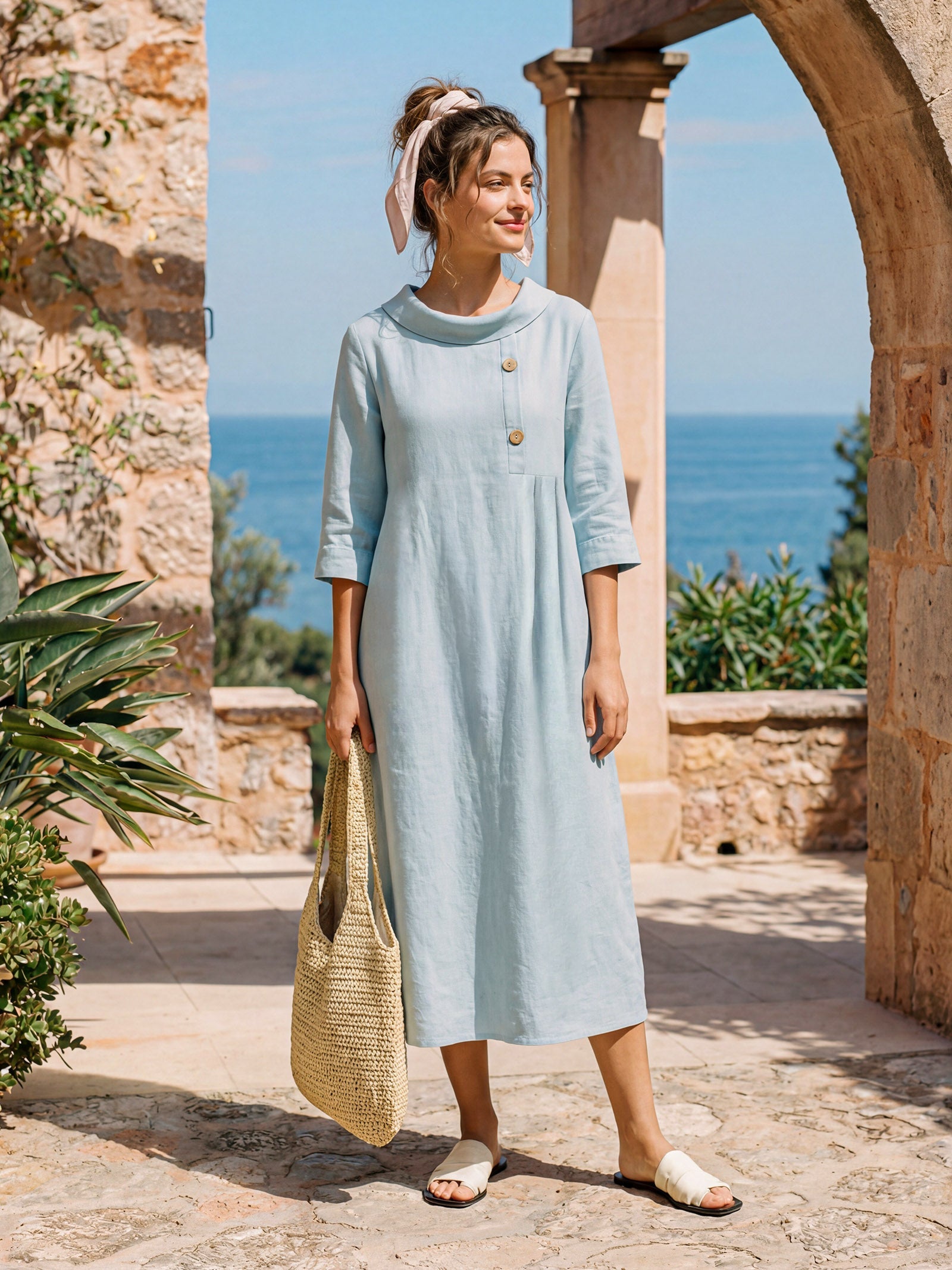100% Linen Rolled Collar Asymmetric Button Midi Dress ELARAINE