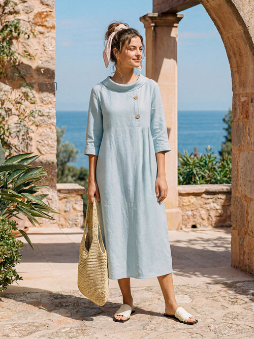100% Linen Rolled Collar Asymmetric Button Midi Dress ELARAINE