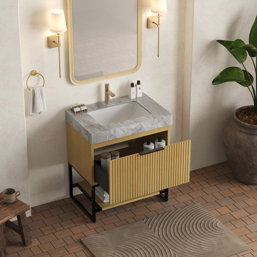 Nuvia Luxury 30-Inch Corolla Oak Freestanding Bathroom Vanity With Sink And Storage (SAK79352)