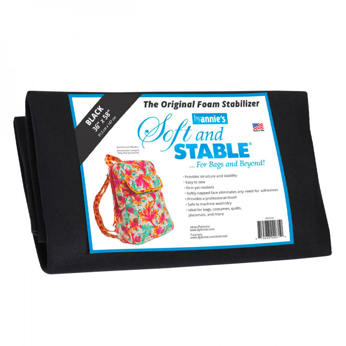 A rolled-up black foam stabilizer sheet with a printed product label reading 'The Original Foam Stabilizer' and 'inannie's Soft and STABLE,' shown on a plain white background.