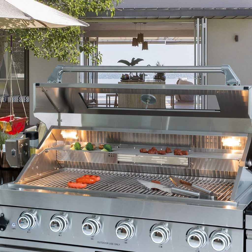 Castelle Flame Outdoor BBQ Kitchen Island With 43-Inch 6-Burner 85K BTU Propane Gas Grill, Rotisserie Kit, And Storage Cabinets (SAK95623)