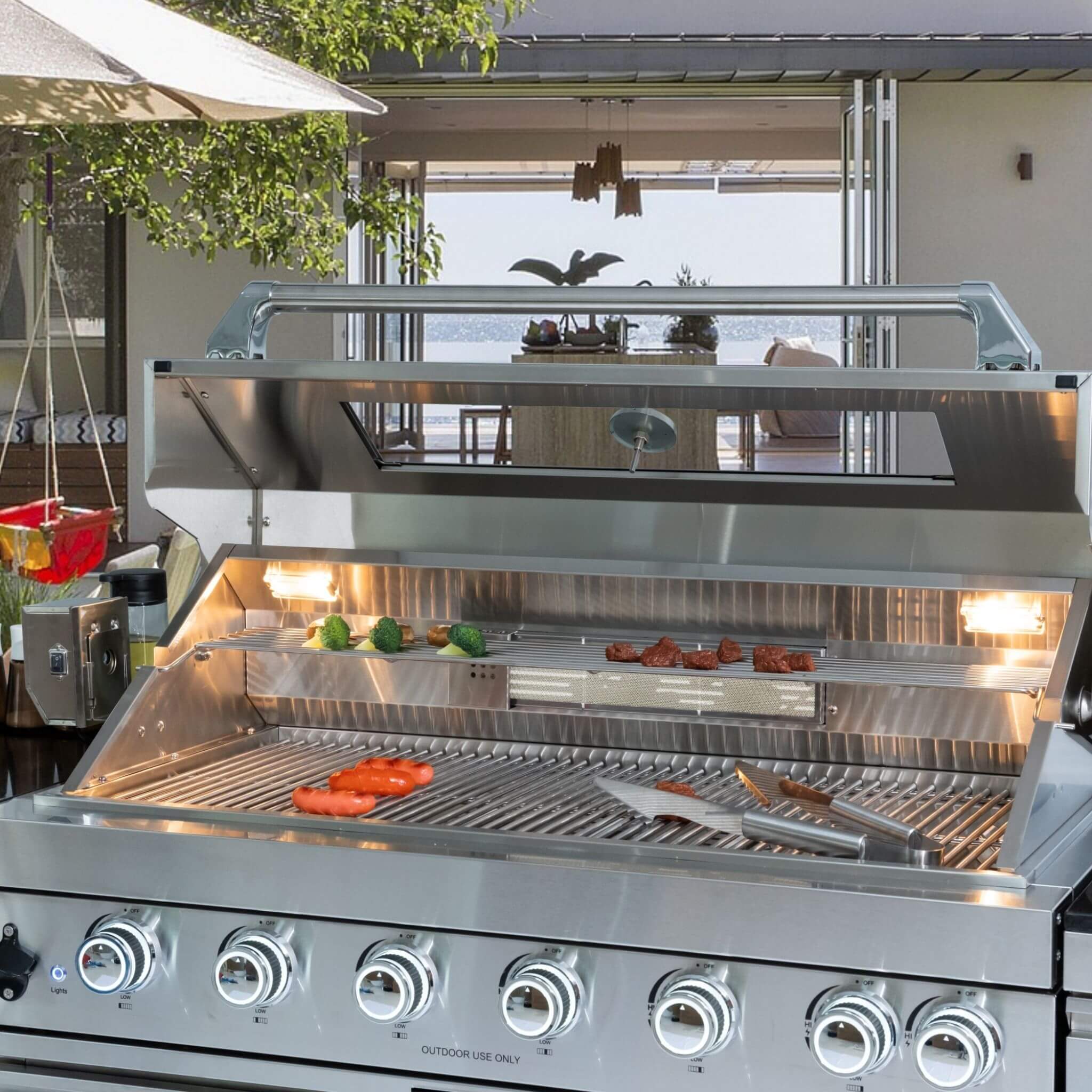 Castelle Flame Outdoor BBQ Kitchen Island With 43-Inch 6-Burner 85K BTU Propane Gas Grill, Rotisserie Kit, And Storage Cabinets (SAK95623)