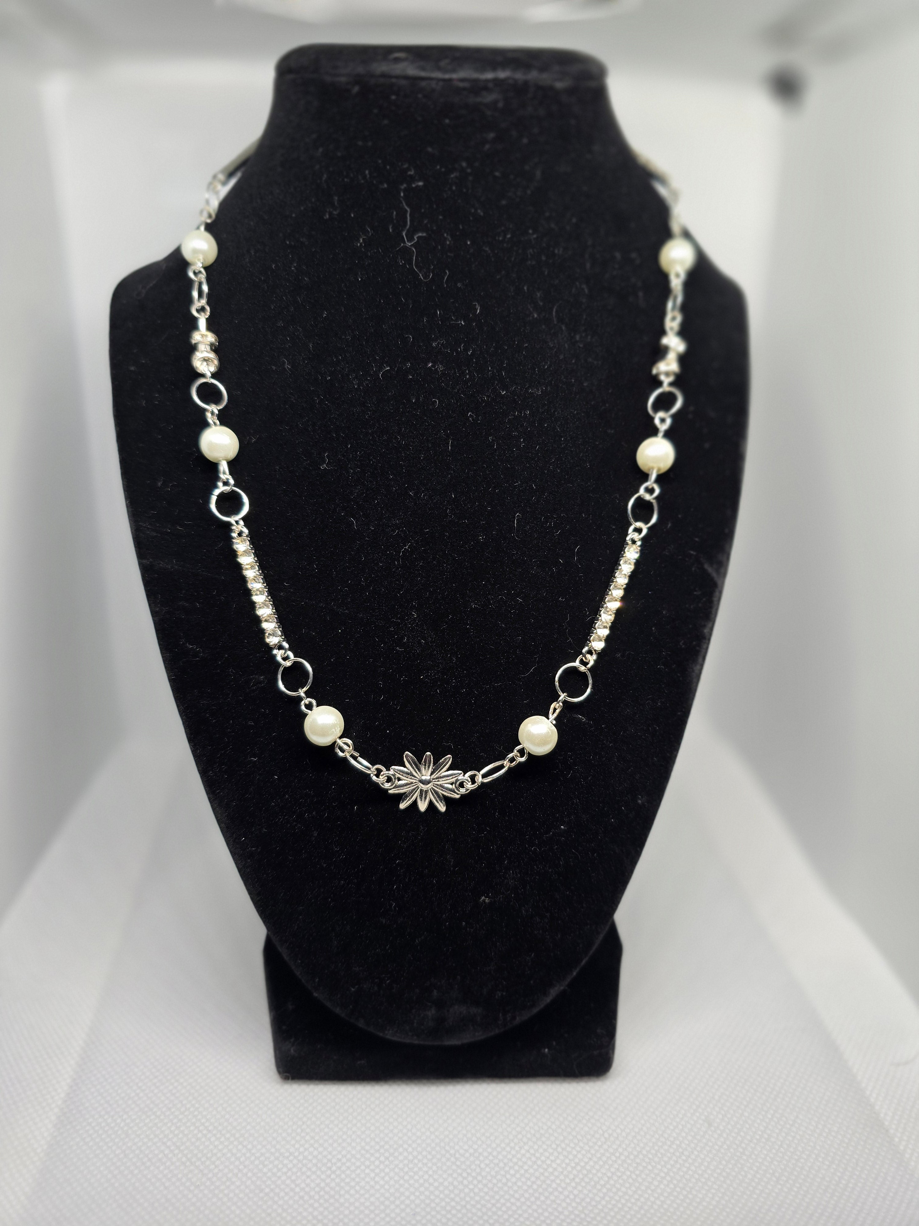 White, Clear Rhinestone Bar, Metal Daisy Charm Necklace