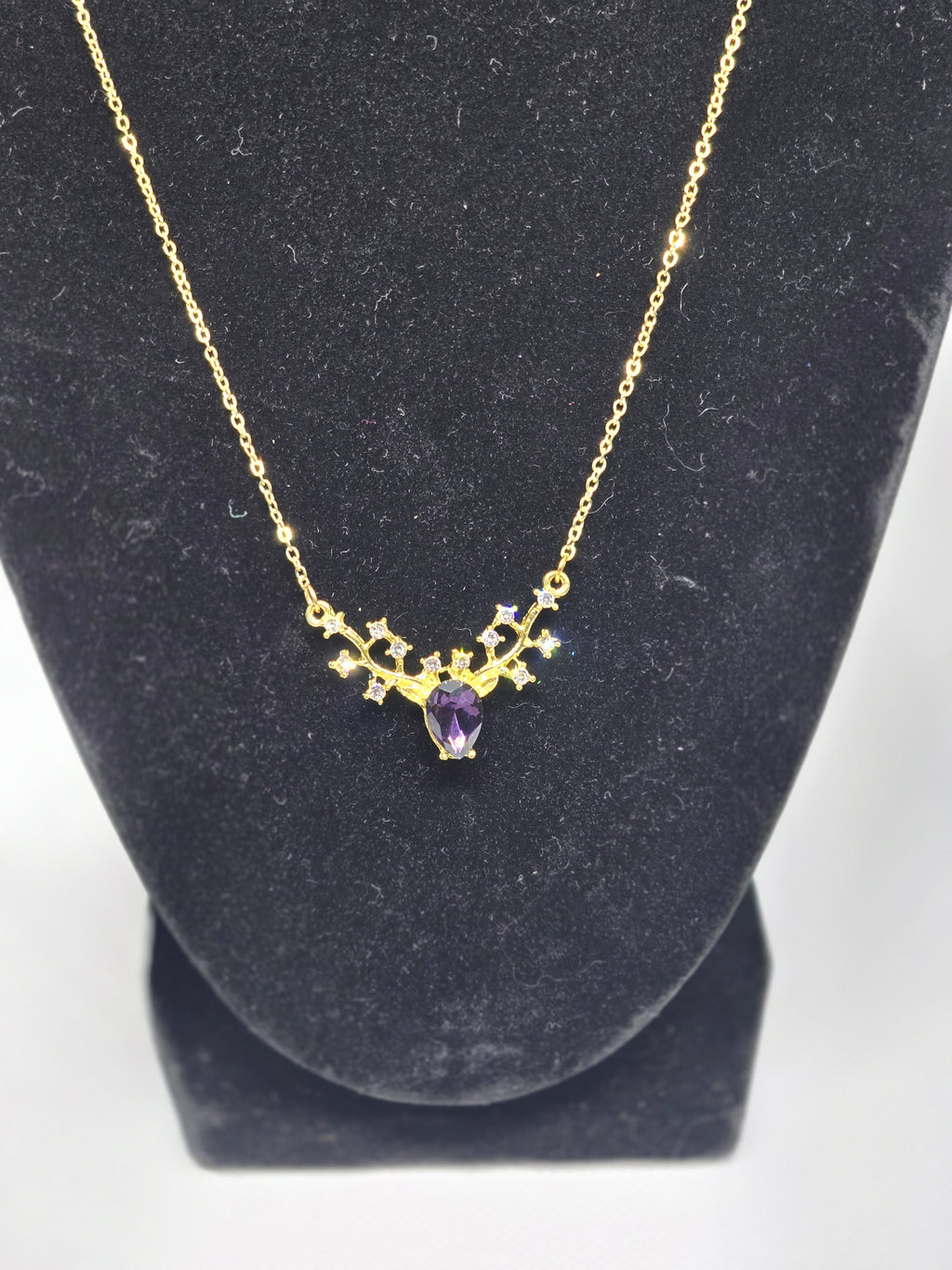 Gold Deer Head Statement Necklace with Teardrop Crystal - Woodland Jewelry