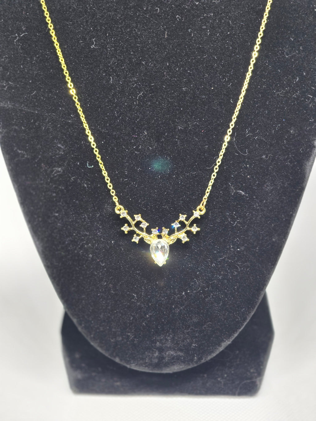 Gold Deer Head Statement Necklace with Teardrop Crystal - Woodland Jewelry