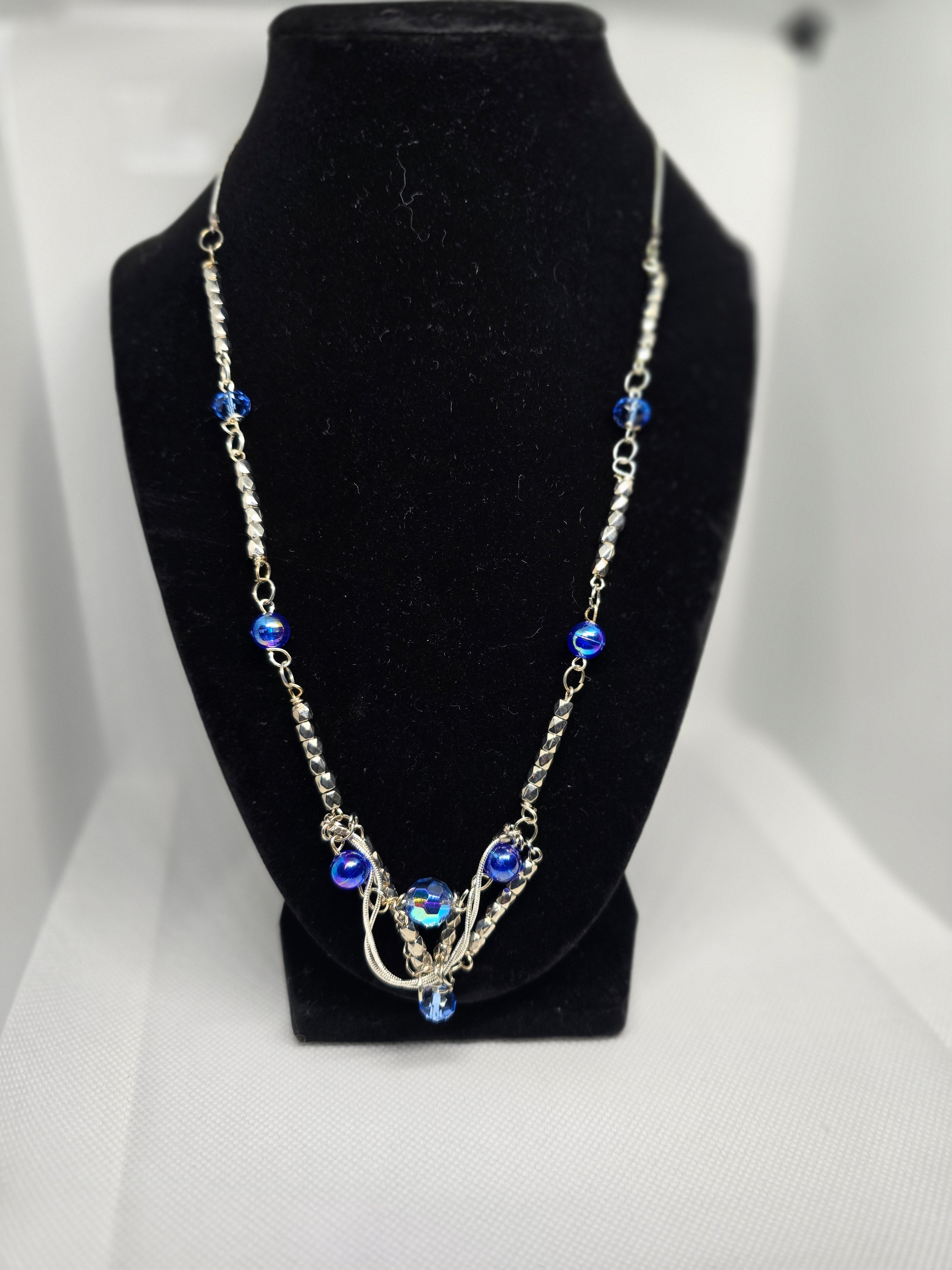 Blue & Silver Color, Rhinestone Bar-n-Chain NeckBlue Rhinestone Bar Pendant Necklace - Silver Tone Chain for Layeringlace