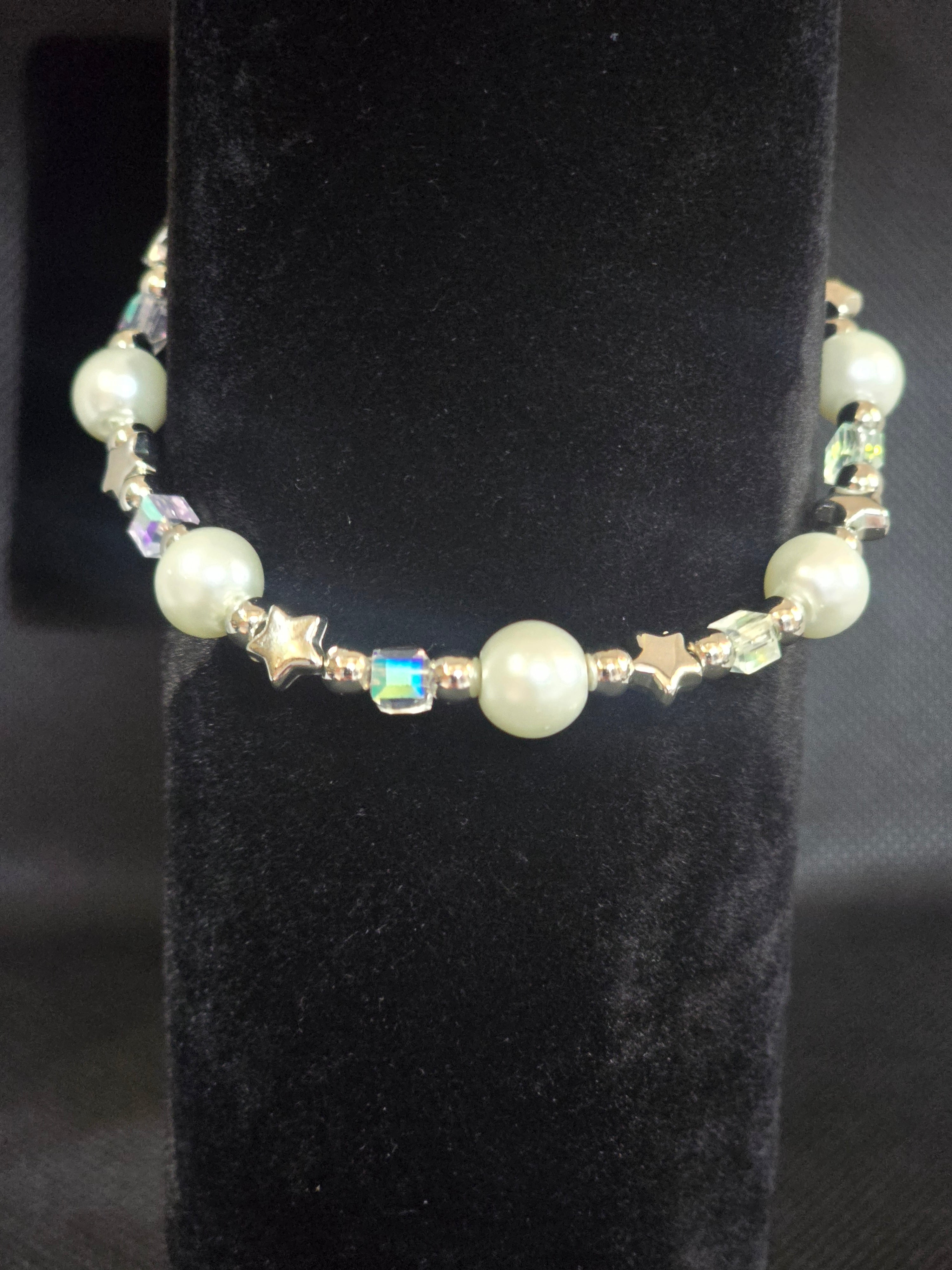 Celestial Pearl Bracelet | White Glass Pearl & Silver Stars | Handmade