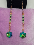 Handcrafted Copper & Two-Tone Green Bead Dangle Earrings with Glass Snowflake Charms