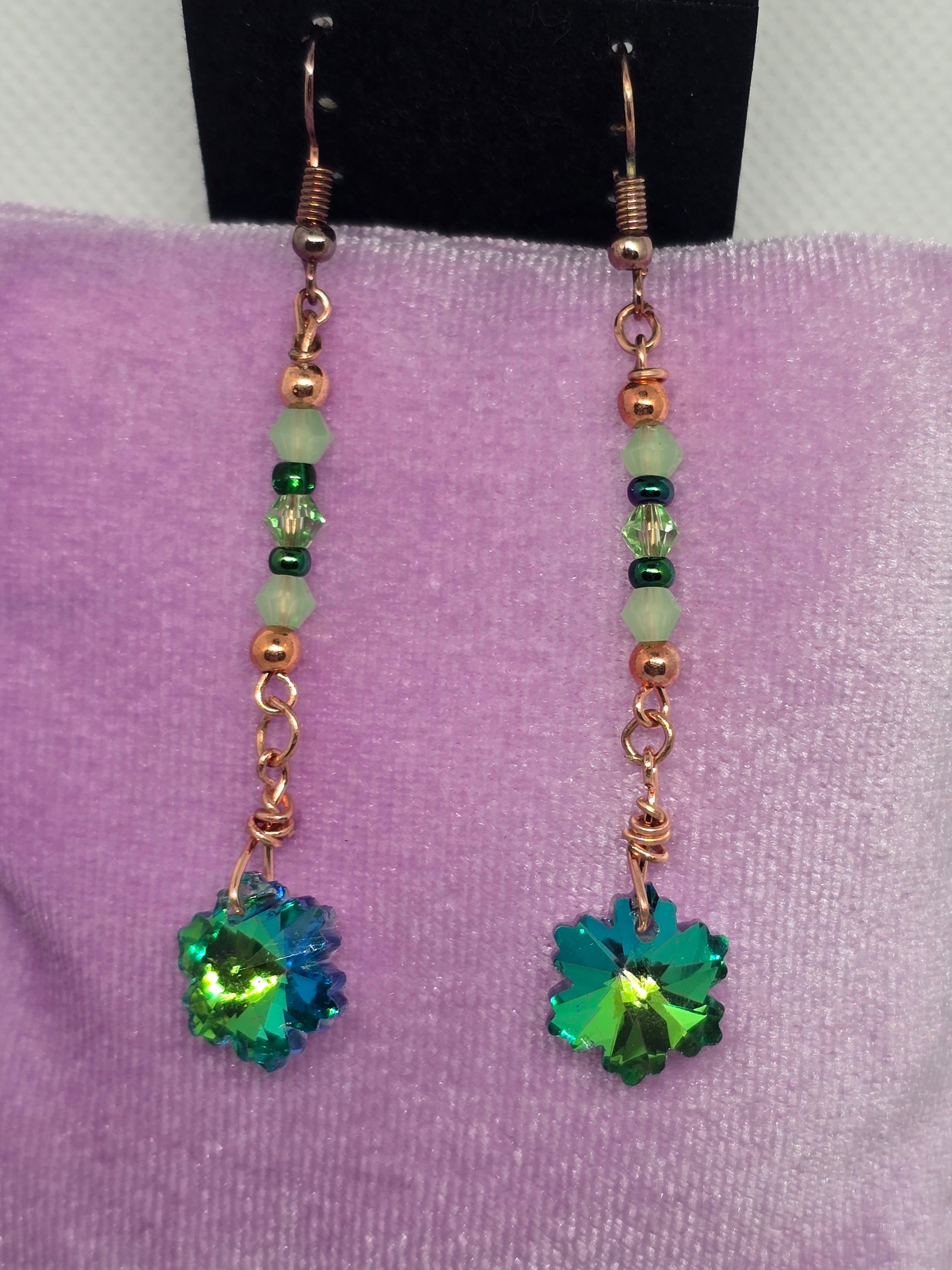 Handcrafted Copper & Two-Tone Green Bead Dangle Earrings with Glass Snowflake Charms