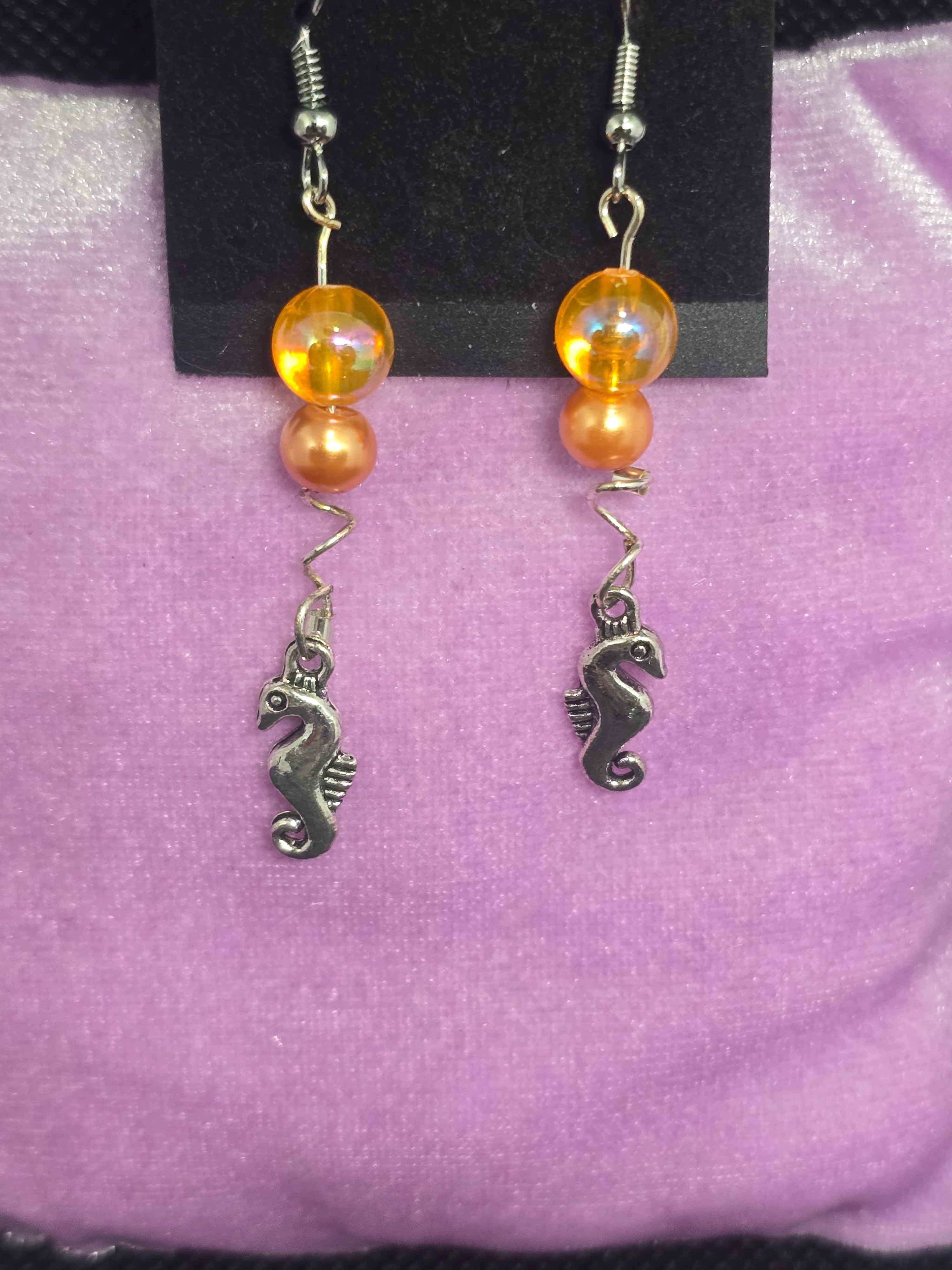 Orange bead and Seahorse Earrings