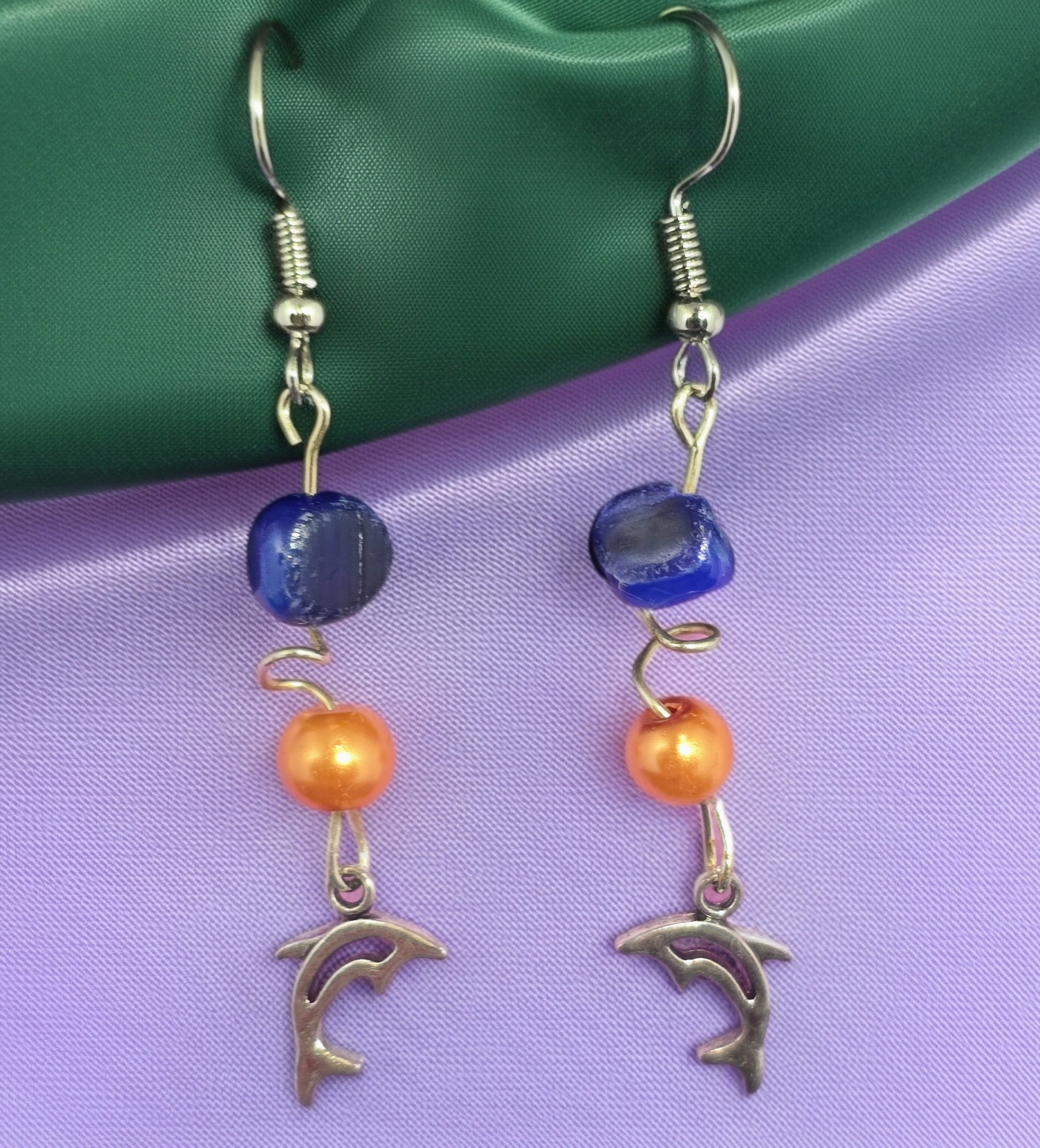 Sapphire Blue Chip Stone & Orange Glass Ball Dolphin Earrings