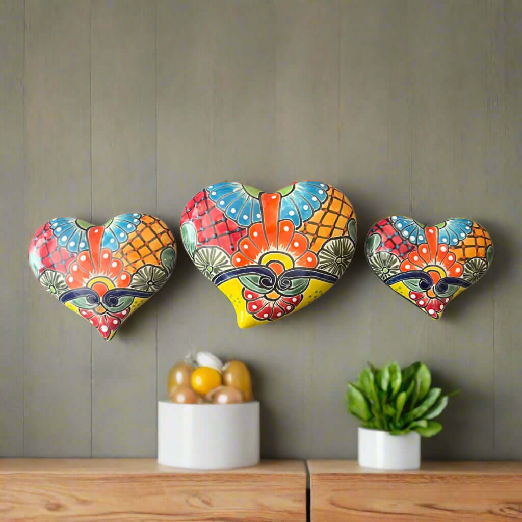 Set of 3 Talavera Heart Wall Hanging | Wall Art Decor