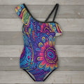 Girls Ruffled Island Tribal Pattern Swimsuit