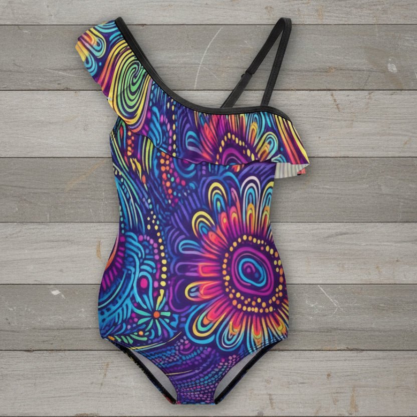 Girls Ruffled Island Tribal Pattern Swimsuit